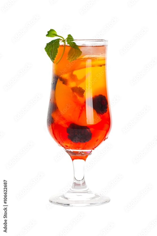 Peach and Blackberry Drink isolated on white background. Selective focus. Peach and Blackberry Drink isolated on white background. Selective focus.