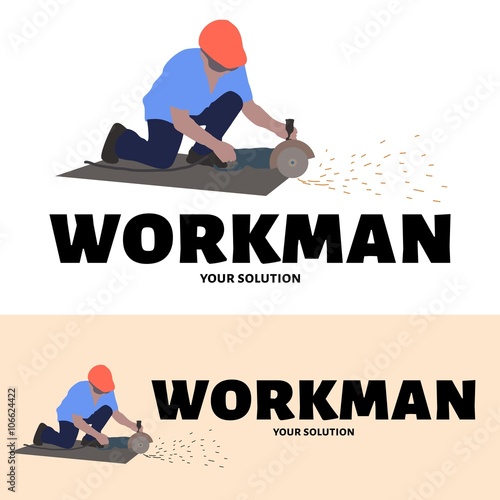 Vector logo working man. Grinder worker cuts a sheet of iron