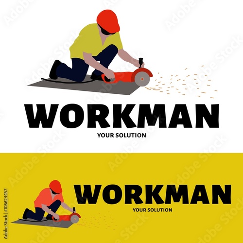 Vector logo working man. Grinder worker cuts a sheet of iron