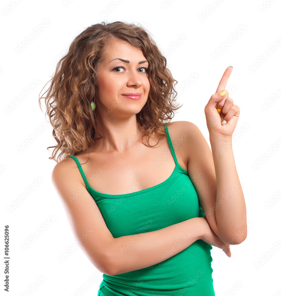 Beautiful curly girl pointing above isolated Beautiful curly girl pointing above isolated
