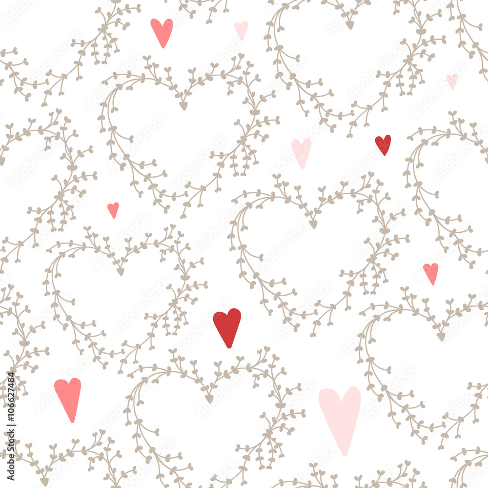 Vector hand drawn pattern with wreaths and red hearts,