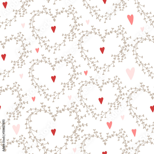 Vector hand drawn pattern with wreaths and red hearts,Good for Valentine's Day cards, wedding invitations, etc.