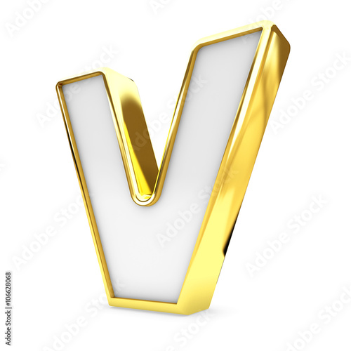 3d gold - white letter V isolated white background.