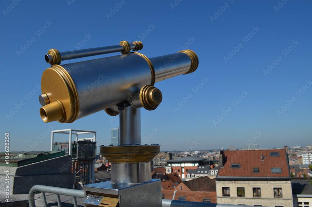 Touristic telescope with rooftop view of Brussels in the Minims street Touristic telescope with rooftop view of Brussels in the Minims street