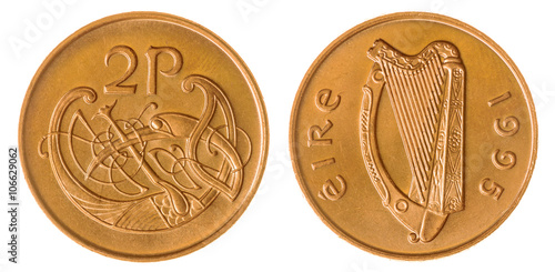 Fotografi 2 pence 1995 coin isolated on white background, Ireland