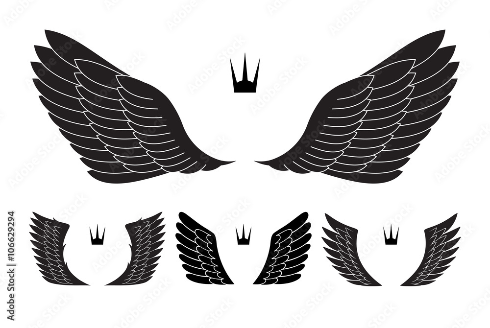 Obraz premium Set of four pairs of wings with crowns. Vector illustration.