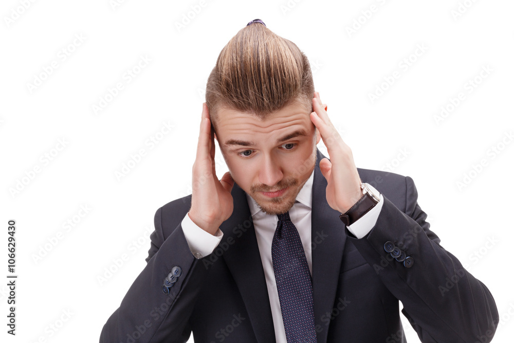 Busy bussinessman worrying about problems having place in his own company . Busy bussinessman worrying about problems having place in his own company .