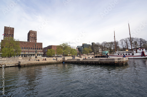 View from the sea to the port and the City Hall of Oslo. Norway. May 08, 2013 © ablakat