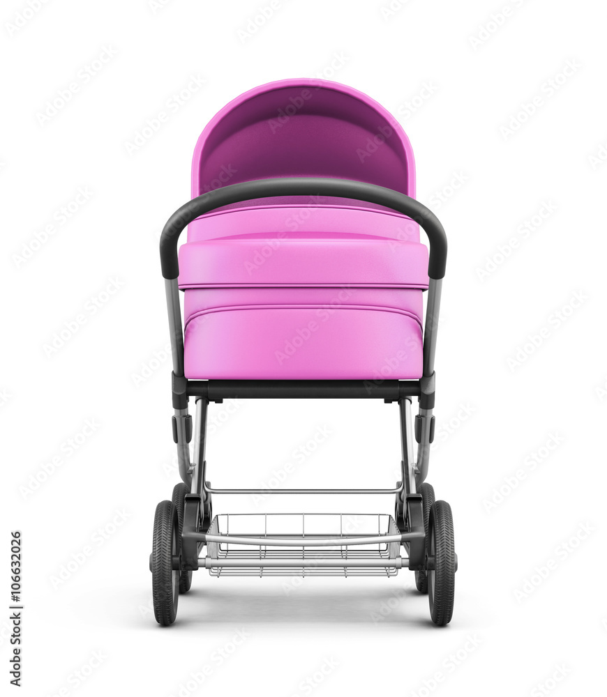 Frontal view of a baby stroller on a white background. 3d rendering. Frontal view of a baby stroller on a white background. 3d rendering.