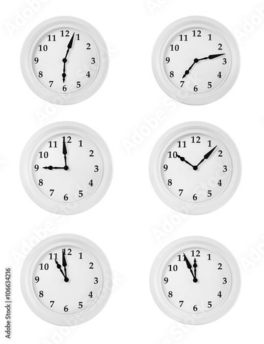 Collage of round wall clocks, isolated on white