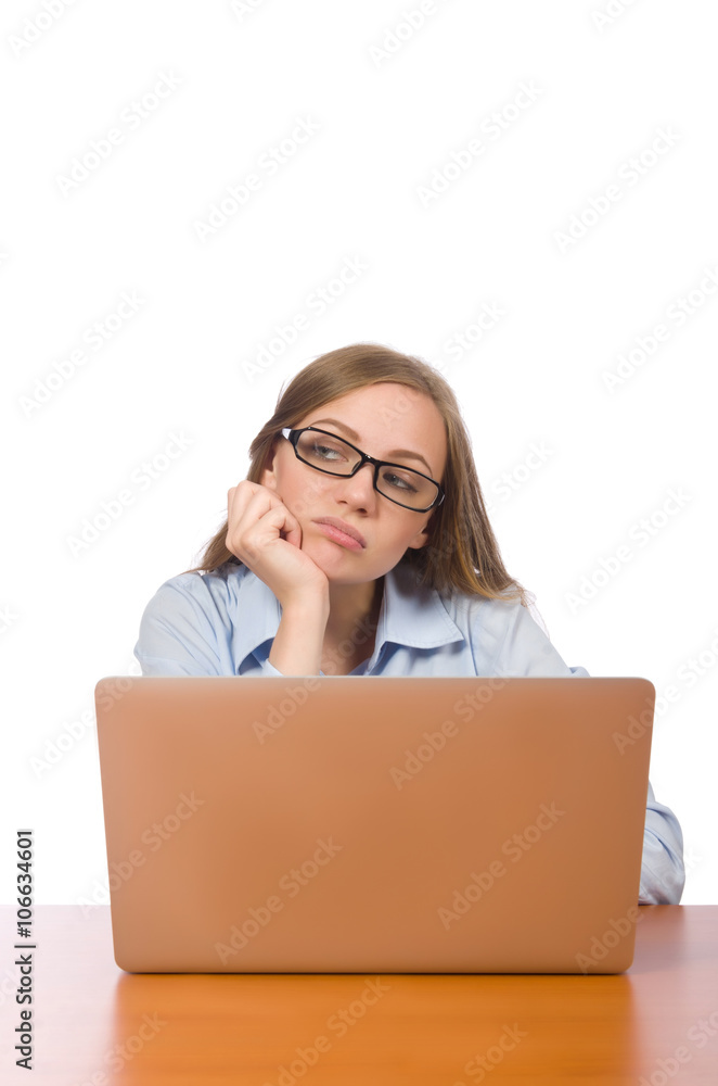 Office employee at work table isolated on white Office employee at work table isolated on white