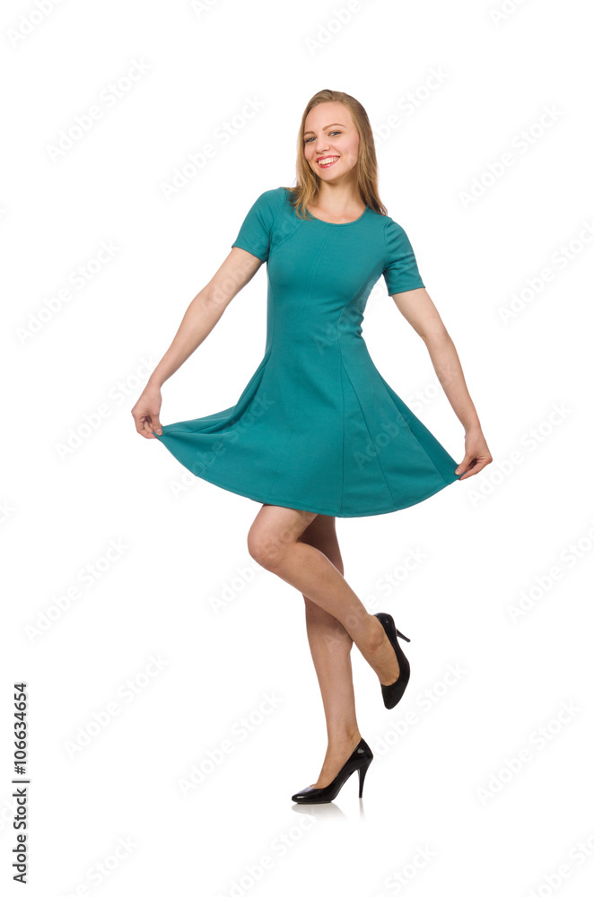 Naklejka premium Charming caucasian woman wearing green dress isolated on white