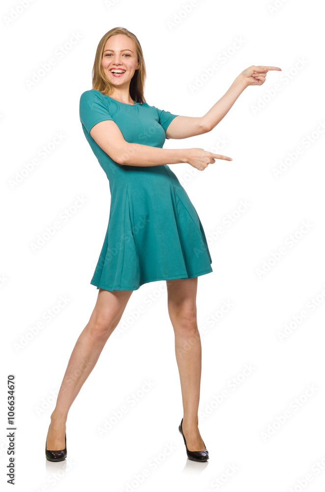 Charming caucasian woman wearing green dress isolated on white Charming caucasian woman wearing green dress isolated on white