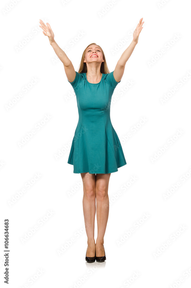 Charming caucasian woman wearing green dress isolated on white