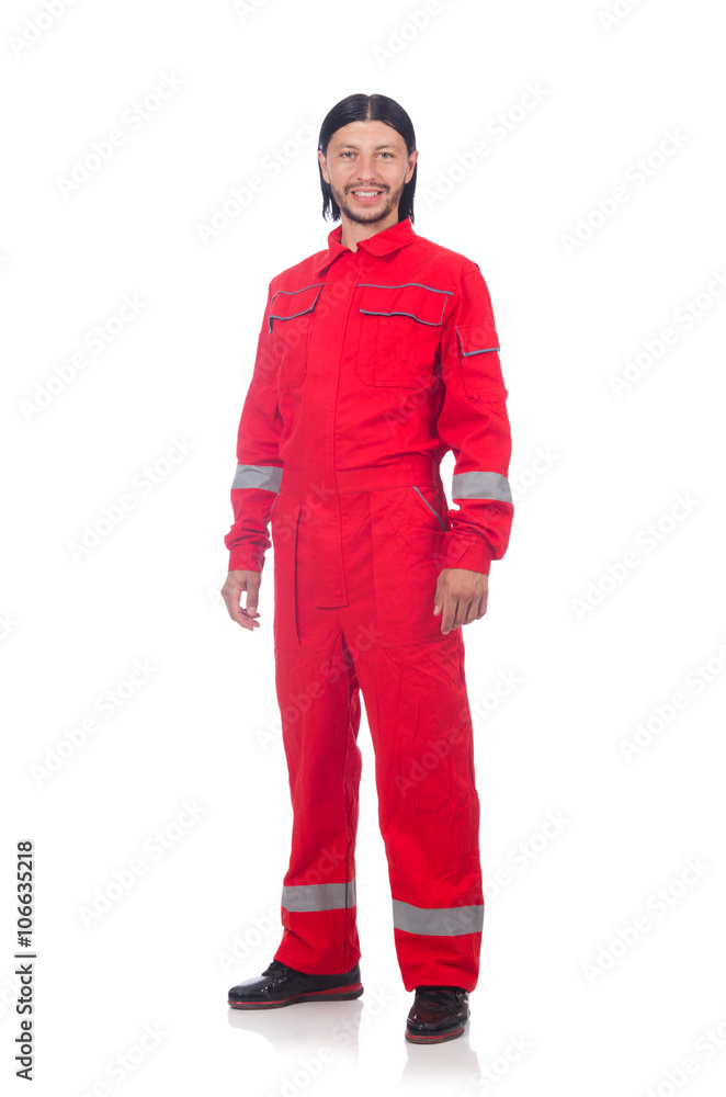Man wearing red coveralls isolated on white Man wearing red coveralls isolated on white