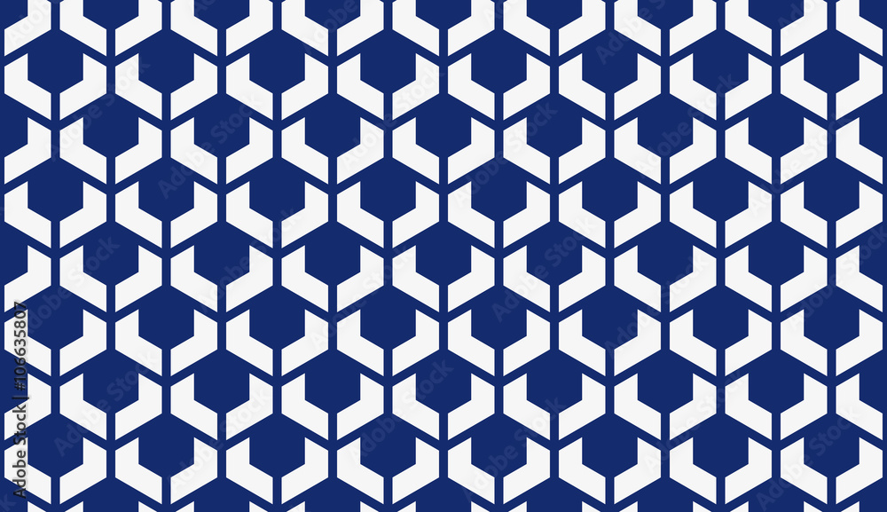 Naklejka premium Seamless porcelain indigo blue and white futuristic hexagonal scales pattern vector