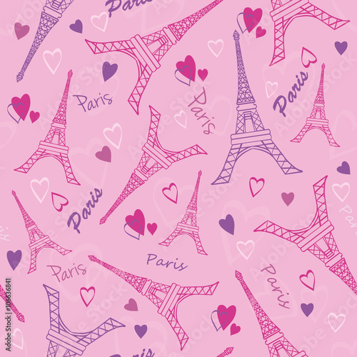 Vector Eifel Tower Paris Love Pink Purple Drawing Seamless Pattern with roman...