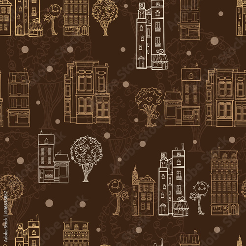 Vector Chocolate Brown Town Houses Trees Streets Drawing Seamless Pattern wit...