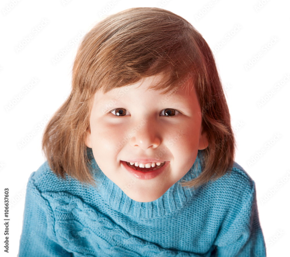 Portrait of Happy five years girl smiling isolated on white Portrait of Happy five years girl smiling isolated on white