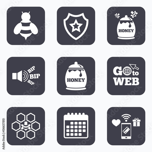 Honey icon. Honeycomb cells with bees symbol.