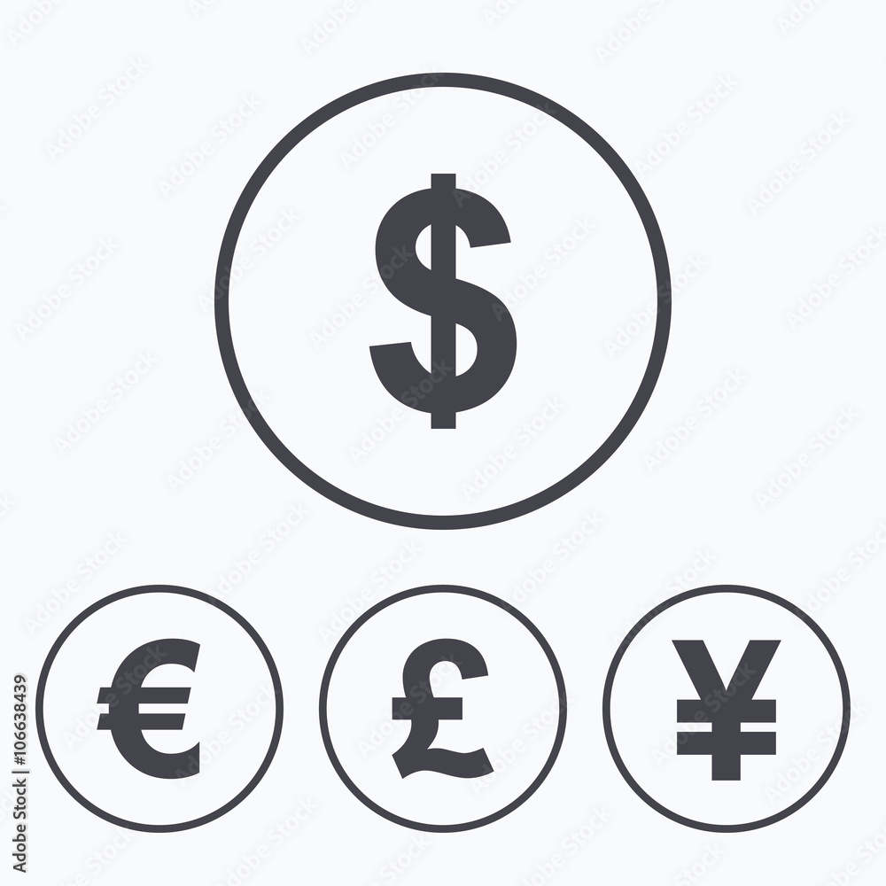 Dollar, Euro, Pound and Yen currency icons. Dollar, Euro, Pound and Yen currency icons.
