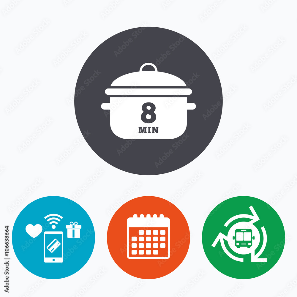 Boil 8 minutes. Cooking pan sign icon. Stew food Boil 8 minutes. Cooking pan sign icon. Stew food