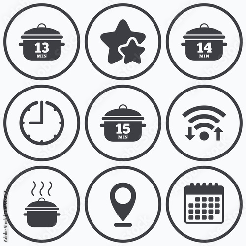 Cooking pan icons. Boil fifteen minutes.