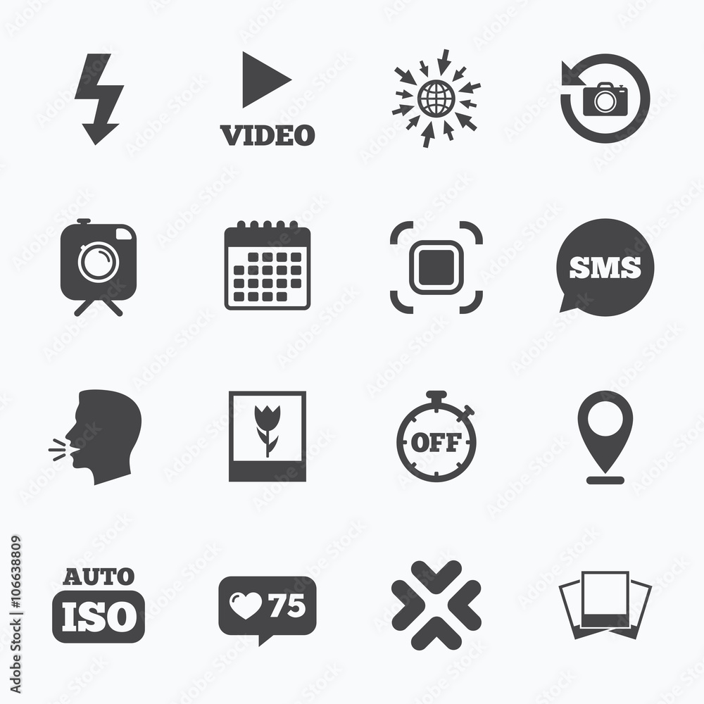 Photo, video icons. Camera, photos and frame. Photo, video icons. Camera, photos and frame.