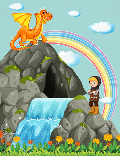 Knight and dragon at the waterfall