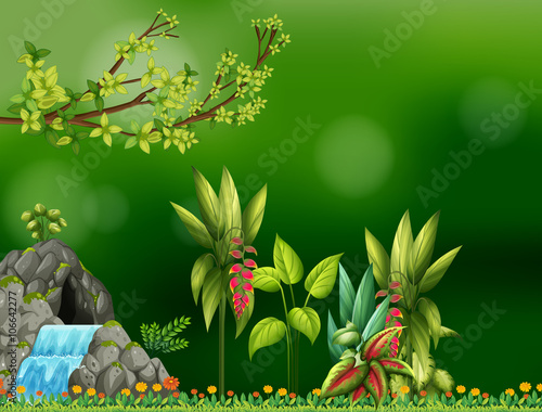 Background design with waterfall and cave