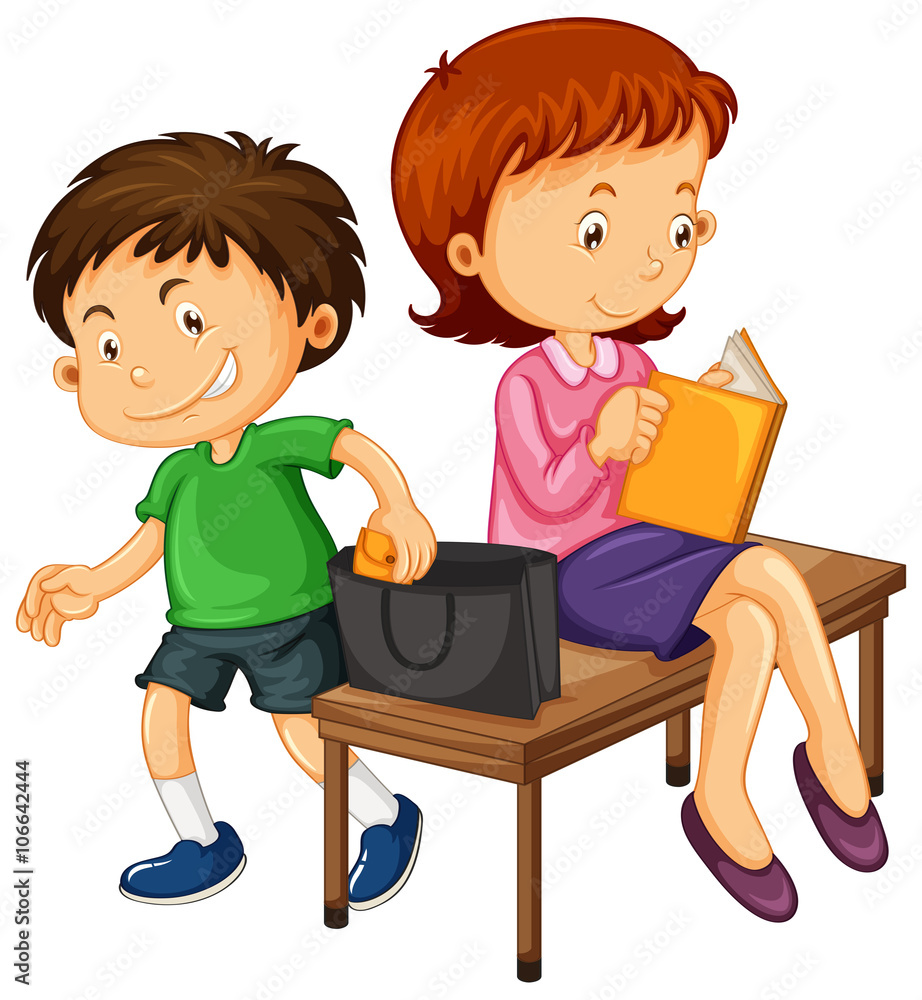 Little boy pickpocketting from girl's bag Little boy pickpocketting from girl's bag