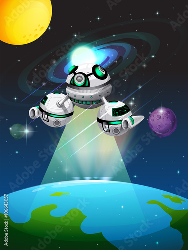 Spaceship flying over the earth