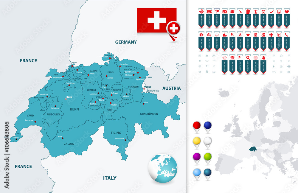 Switzerland map and it's states with navigation map pointers