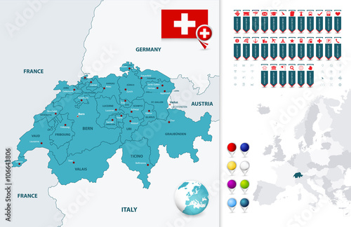 Switzerland map and it's states with navigation map pointers