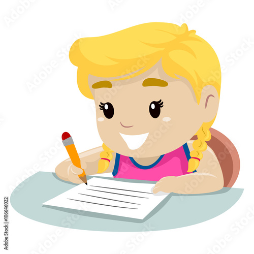 Vector Illustration of a Little Girl writing on a piece of paper