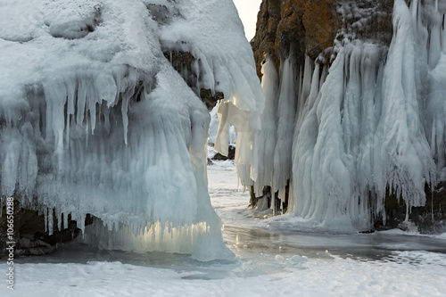 Beautiful icicles on rocks. 