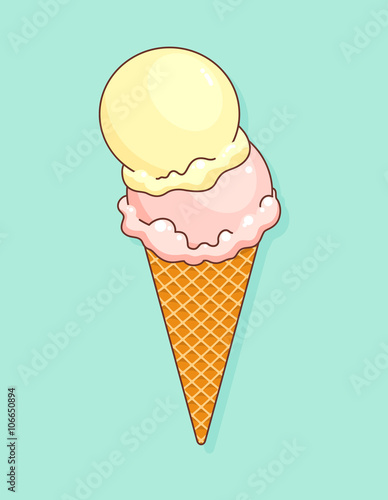 Colorful tasty isolated ice cream at a turquoise background. Crunchy wafer cone filled with two scoop of  lemon and strawberry ice cream. Vector Illustration.