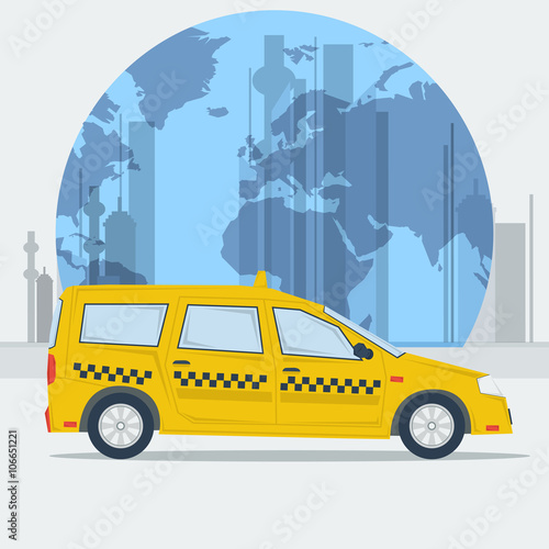 Vector illustration taxi car on town background