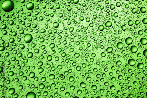Water drops on transparent glass green background.