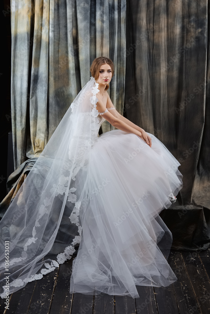 pretty bride in wedding dress posing pretty bride in wedding dress posing