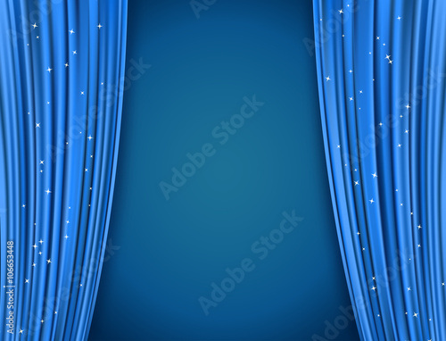 open blue theater curtains with stars glitter. vector design template