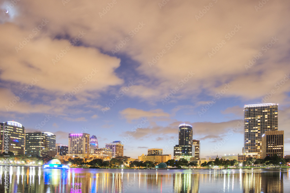 View of Orlando Skyline at Lake Eola Park.