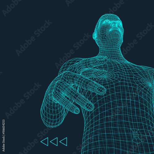 Man. 3D Model of Man. Human Body Model. Body Scanning. View of Human Body. 3D Geometric Design. 3d Covering Skin. Can be used for Avatar, Science, Technology and Business.