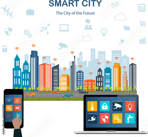 Smart city concept with different icon and elements. Modern city design with  future technology for living. Illustration of innovations and Internet of things.Internet of things/Smart city