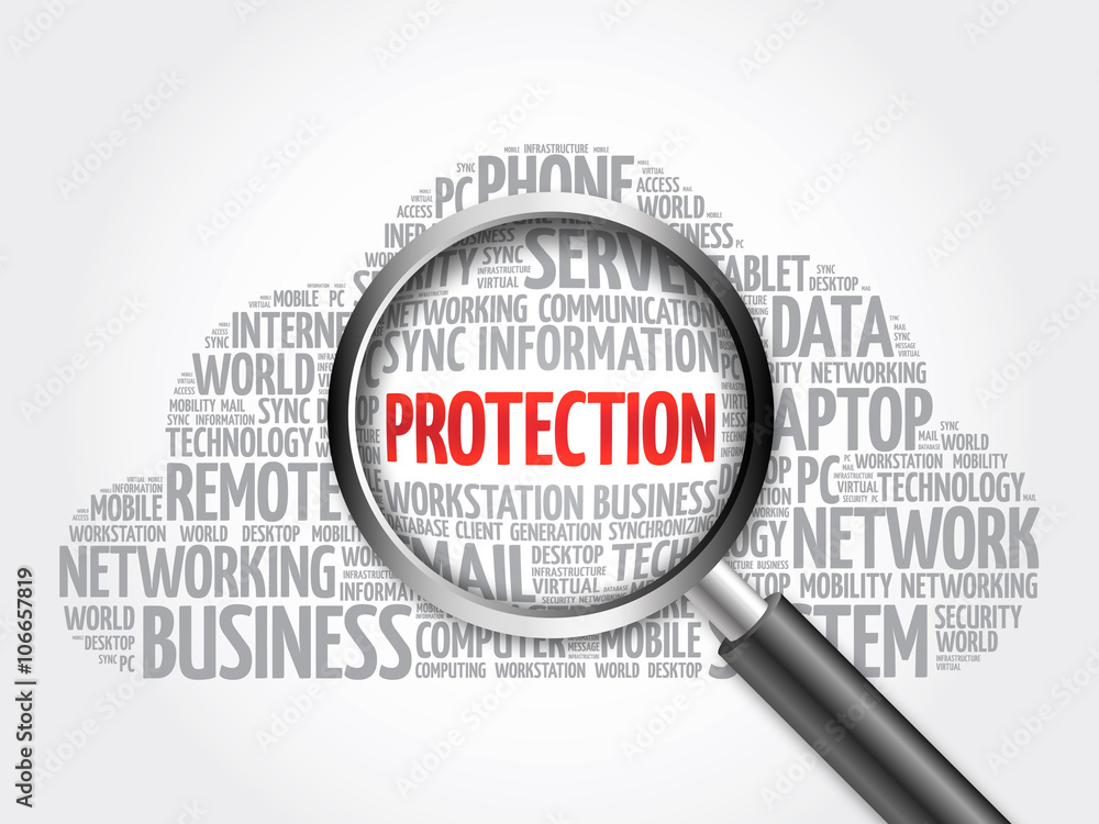 PROTECTION word cloud with magnifying glass, business concept PROTECTION word cloud with magnifying glass, business concept