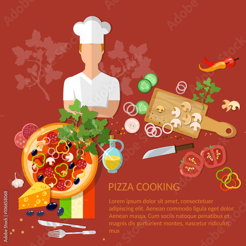 Cook pizzeria pizza ingredients on a red background