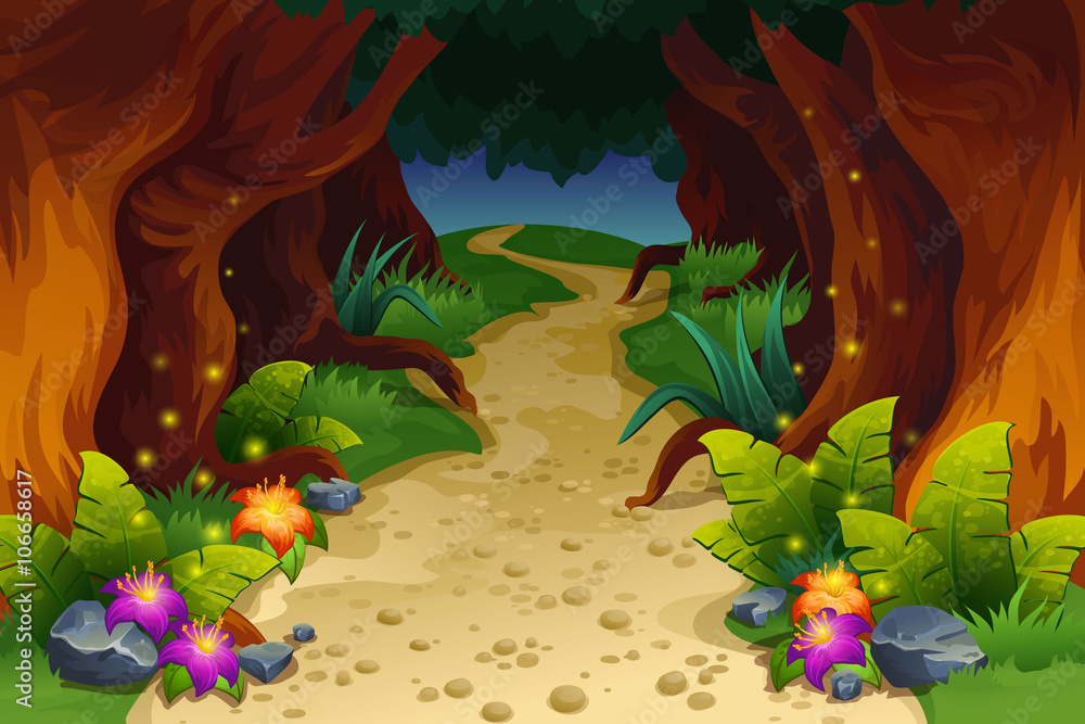 Obraz premium Illustration of fairy forest Cartoon fairytale landscape