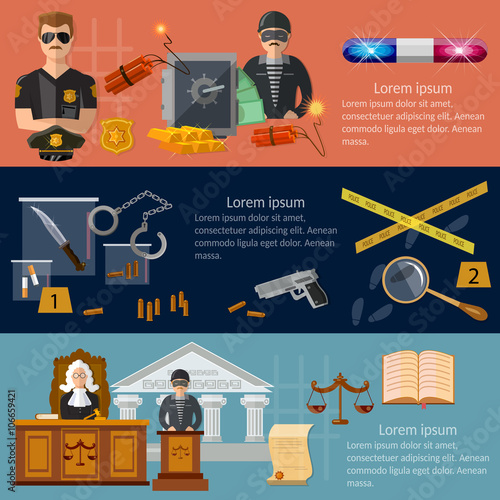 Crime and punishment justice system banners criminal trial judge