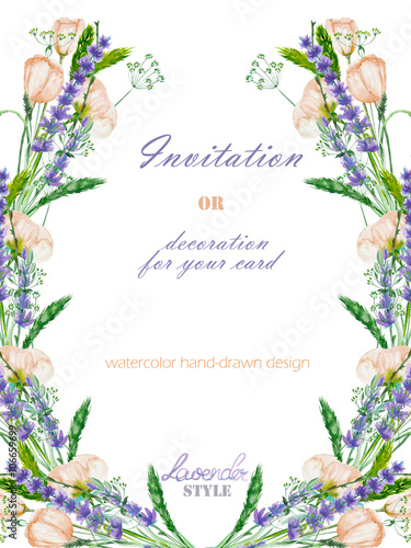 Postcard template with the floral design  elements of the lavender  wildflowers and eustoma flowers  hand-drawn in a watercolor   decoration for a wedding  greeting card on a white background