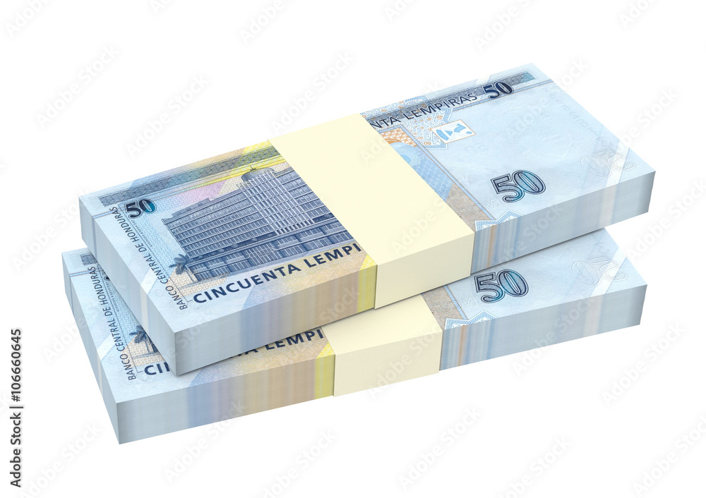 Honduras lempira bills isolated on white background. 3D illustration. Honduras lempira bills isolated on white background. 3D illustration.